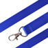 A blue nylon lanyard with a metal clip attachment and a smooth, textured finish, featuring a logo.