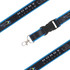 A black and blue poly satin lanyard with a clasp and a logo.