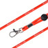 A red poly rope lanyard with a metal clip and a black adjustable stopper, featuring branding along the length.