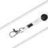 A white poly rope lanyard with a metal clip and a black stopper. The lanyard features a logo.