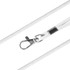 A white poly rope lanyard featuring a metallic clip for secure attachment and a logo along its length.