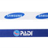 A blue RPET ribbed lanyard featuring a logo, alongside a white lanyard with a different logo.