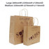 Two twisted handle kraft paper bags in brown, one medium and one large, with a logo and polka dot design.