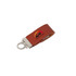 A brown leather flash drive strap with a metal clasp and a logo.