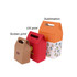 Three die-cut handle bags in varying sizes: one brown, one red, and one orange with a patterned design. Each has a logo.