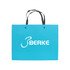 A turquoise knitted handle bag with a laminated finish and a logo. It features two black handles.