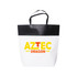 A large black and white boutique paper bag with handles and a logo in vibrant colours.