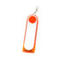 An orange and silver flash drive with a keychain attachment. It features a smooth surface and rounded edges.