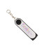 A black and white flash drive with a keychain attachment and a logo. It features a shiny, iridescent surface.