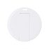 A round white flash drive with a sliding mechanism and a small hole for attaching to keychains.