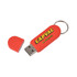 A red flash drive with a removable cap and a keyring attachment, featuring a branding logo.