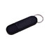 A black flash drive with a rounded design and a keyring attachment. It features a branding logo.