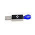 A silver flash drive with a blue looped attachment and a logo on the front.