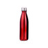 A drink bottle in shiny red stainless steel with a silver cap and a logo. Suitable for hot and cold beverages.