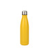 A drink bottle in bright yellow with a stainless steel lid and a logo. It has a sleek double wall construction.