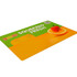An orange counter mat featuring a slice of orange and a strawberry, with a logo in the corner.