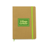 A tan notebook with a green elastic band and a logo on the front. It has a simple, minimalist design.