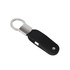 A black leather swivel flash drive with a silver metal connector and keyring attachment.