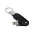 A black leather swivel flash drive with a silver key ring attachment and a USB connector.