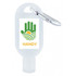 A clear 30mL hand sanitiser bottle with a carabiner attachment and a logo printed on the front.