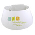 A white sun visor with a rounded shape featuring a logo and multicoloured designs.