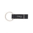 A black flash drive with a silver keyring and a logo, featuring a sleek, rectangular design.