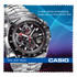 A metallic wristwatch with a black dial, featuring multiple dials and a silver stainless steel band, displayed on a vibrant background.