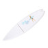 A white surfboard-shaped flash drive with a colourful graphic design and a branding logo.