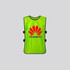 A bright green soccer vest with black trim and a logo on the front. It features side straps for a better fit.