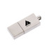 A silver flash drive with a logo displayed on its surface. The design is sleek and compact.