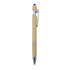 A bamboo pen with a silver clip and blue stylus tip, featuring a glossy chrome finish.