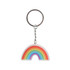 A rainbow-shaped acrylic keyring with vibrant colours and a metal keychain attachment.