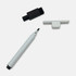 A magnetic whiteboard marker in white, with a black eraser and a white cap, set against a plain background.