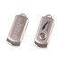 A silver flash drive featuring dual sides, one with a logo and the other plain.
