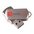 A silver flash drive with a removable cap and a logo on one side.