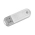 A transparent swivel flash drive featuring a circular end and a logo, showcasing its sleek design.