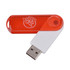A transparent swivel flash drive in red and white with a logo on the surface.