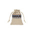 A cotton linen drawstring bag in natural beige with a decorative blue and brown patchwork design.