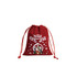 A red drawstring gift bag featuring a festive design with Christmas trees, snowflakes, and Santa.