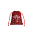 A red drawstring gift bag featuring festive Christmas graphics, including a stocking and holiday symbols.