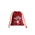 A red drawstring gift bag featuring a Christmas design with Santa, snowflakes, and stars. It has a festive look.