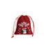 A red drawstring gift bag featuring a penguin in a Santa hat and festive designs, with a logo present.