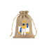 A natural linen drawstring gift bag with a colourful illustration and a logo. It features a textured, woven design.