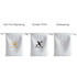 Three white PU leather drawstring gift bags, each featuring different logo printing styles: hot foil stamping, screen print, and debossing.