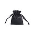 A black silk satin drawstring bag with tied ribbons at the top and a smooth, shiny finish.