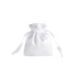 A white silk satin drawstring bag with a gathered top and ribbon ties. It features a smooth, shiny surface.