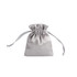 A silver satin drawstring bag with a gathered top and two drawstrings. It has a simple design and a smooth texture.