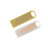 A pair of flash drives in gold and silver with a branding logo on each.