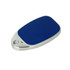 A sleek blue and silver sliding epoxy doming flash drive with a polished finish and a hole for attaching a keyring.