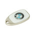 A silver sliding epoxy doming flash drive with a white and black logo featuring a blue circle design.